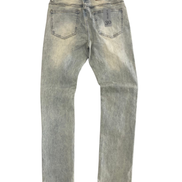 Light blue denim jeans on a white background