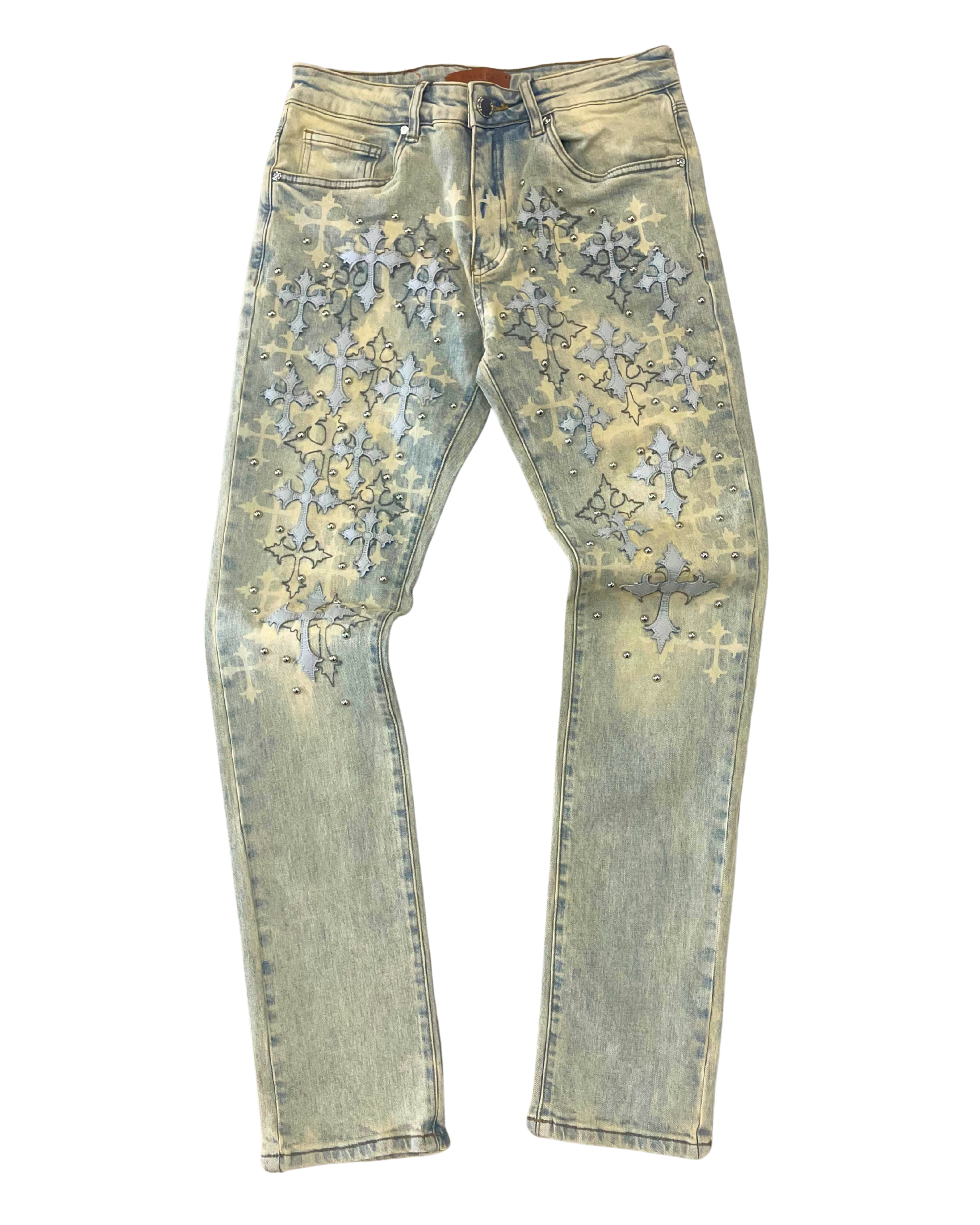 Light blue jeans with cross patterns on a white background