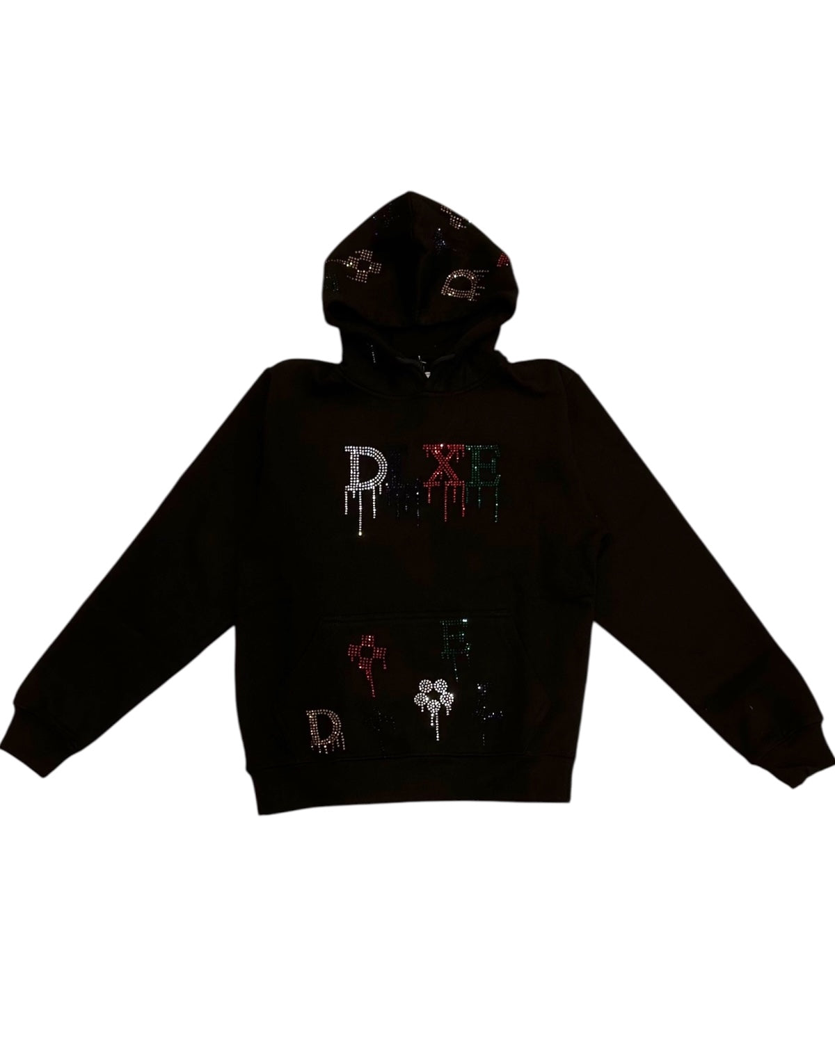 Black hoodie with colorful graphics on a white background
