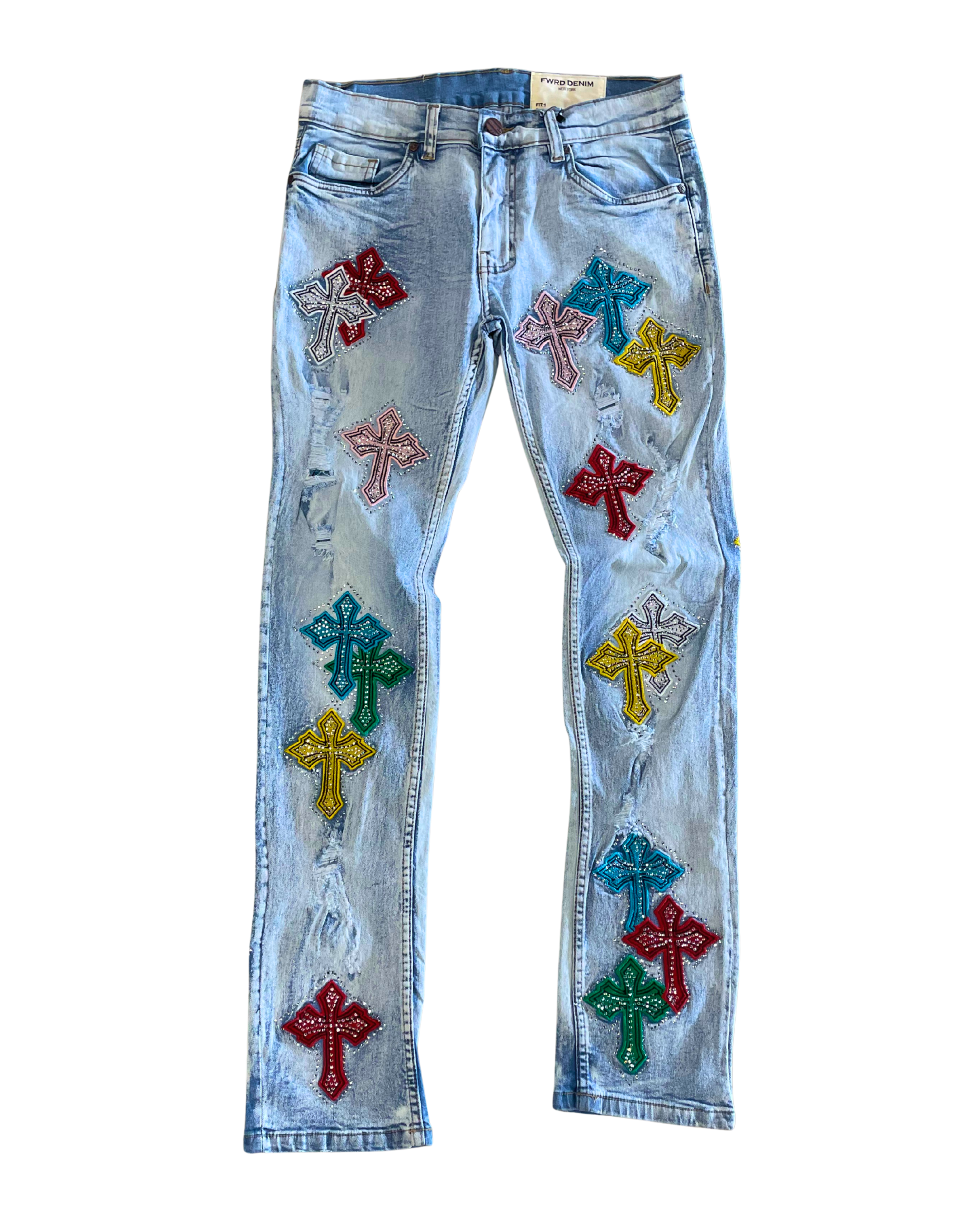 Light blue jeans with colorful cross patterns on a white background