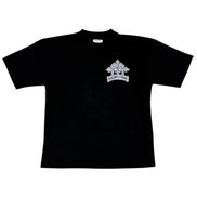 Black t-shirt with a white logo on a white background