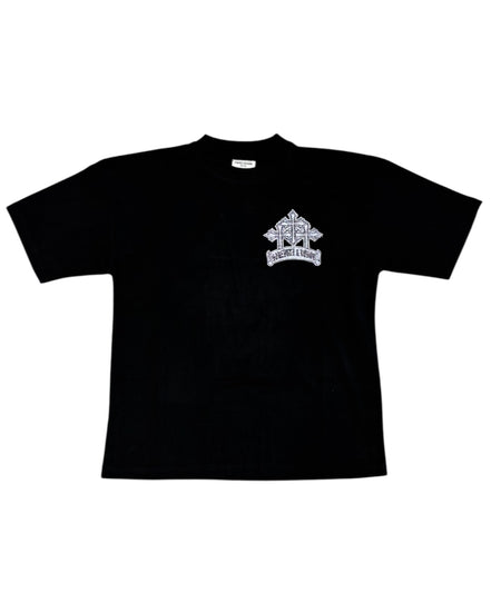 Black t-shirt with a white logo on a white background