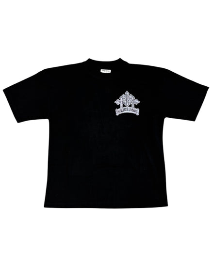 Black t-shirt with a white logo on a white background