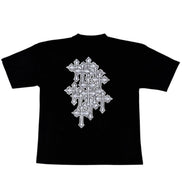 Black t-shirt with a white geometric design on a white background