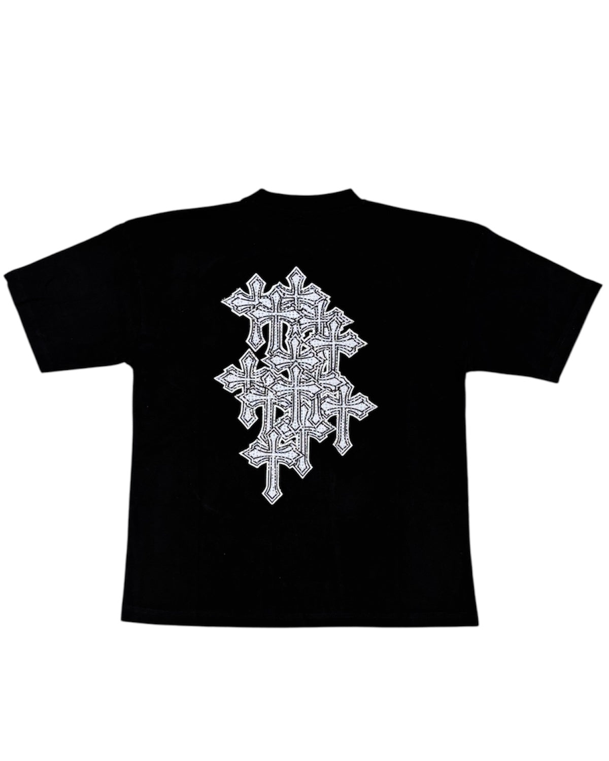 Black t-shirt with a white geometric design on a white background