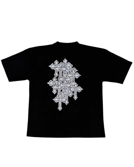 Black t-shirt with a white geometric design on a white background