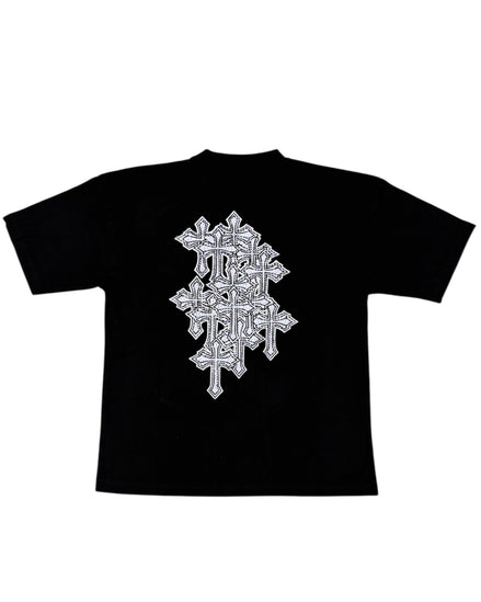 Black t-shirt with a white geometric design on a white background