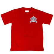 Red t-shirt with a white logo on a white background