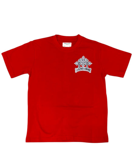 Red t-shirt with a white logo on a white background