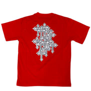 Red t-shirt with a white graphic design on the back against a white background