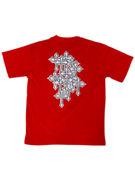 Red t-shirt with a white graphic design on the back against a white background