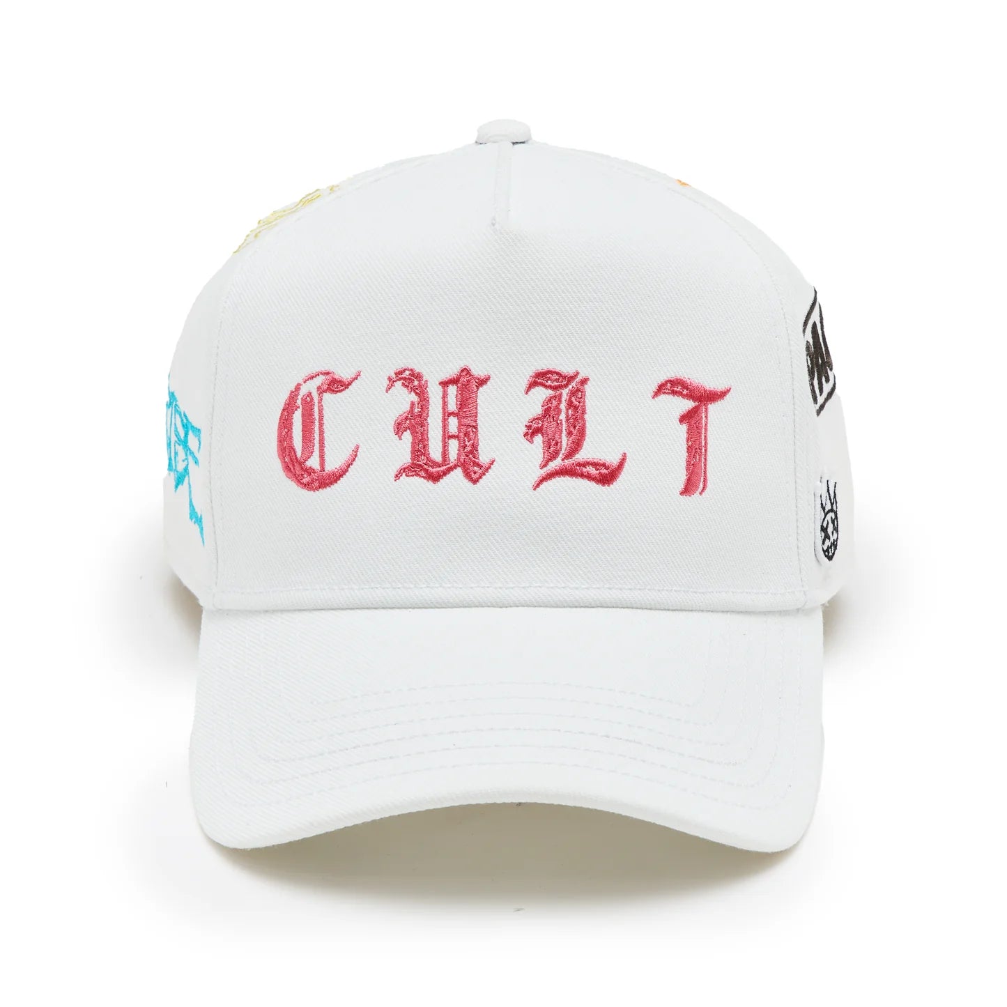 White cap with red 'CULT' text and colorful designs on a white background