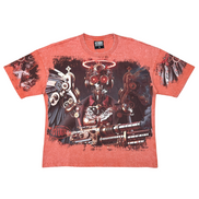 Red t-shirt with robot graphic design on a white background