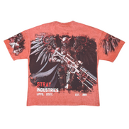 Red t-shirt with graphic design and 'Stray Industries' text on a white background