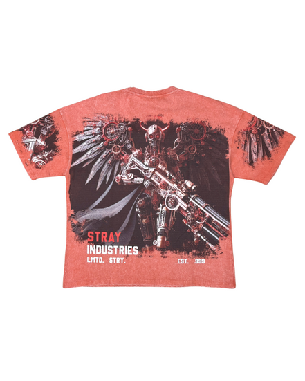 Red t-shirt with graphic design and 'Stray Industries' text on a white background