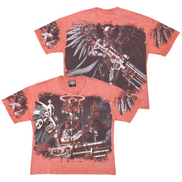 Two red t-shirts with black graphic designs on a white background