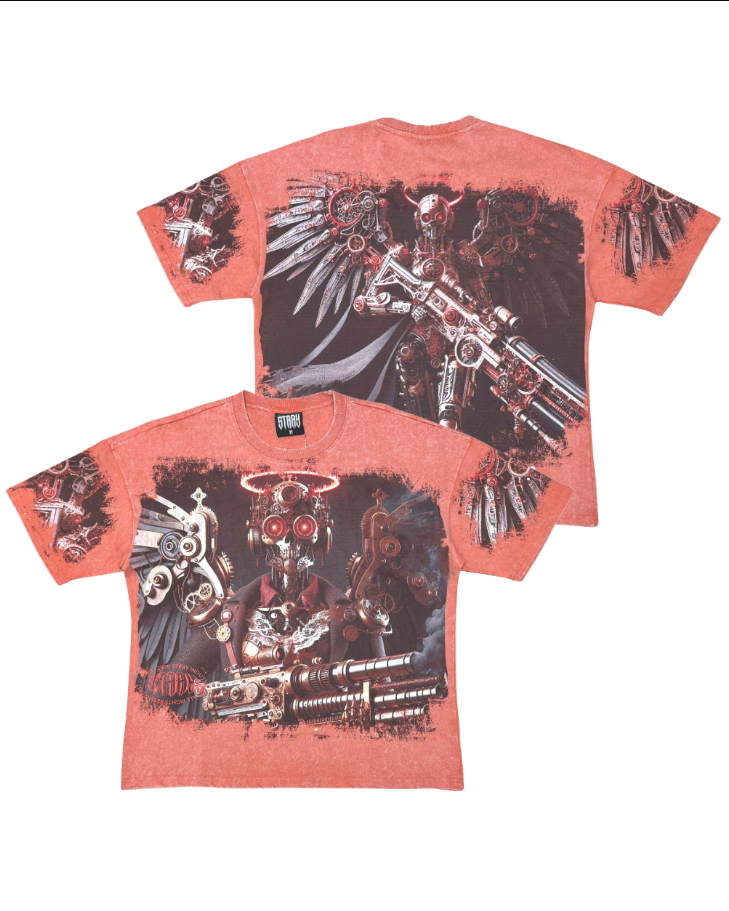 Two red t-shirts with black graphic designs on a white background