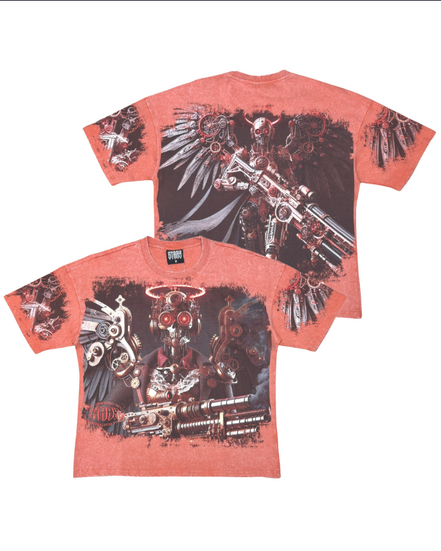 Two red t-shirts with black graphic designs on a white background