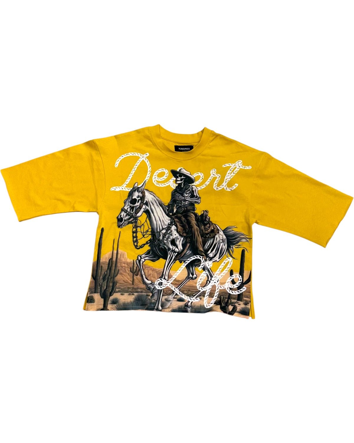 Yellow t-shirt with horse graphic and 'Desert' text on a white background
