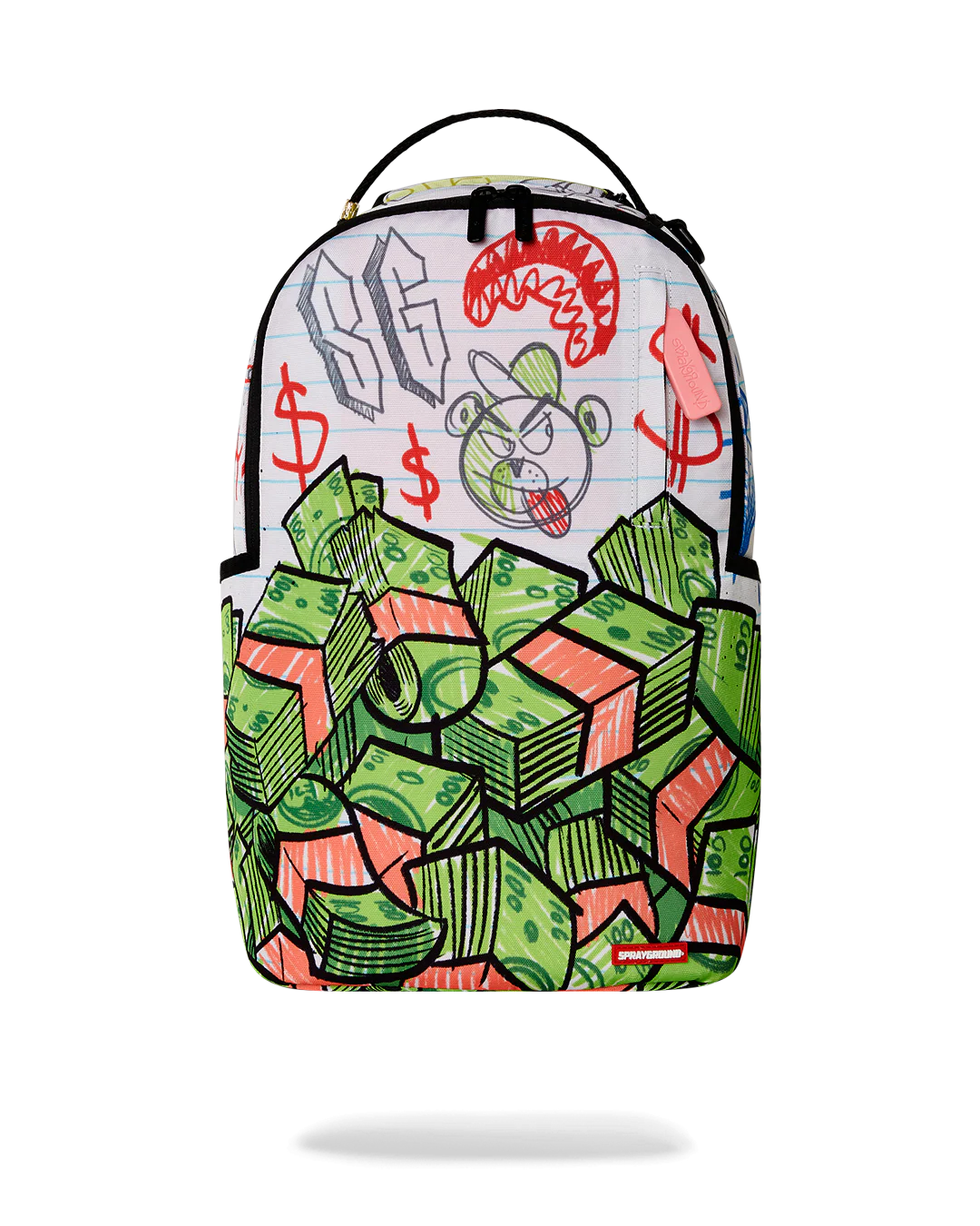 white sprayground Backpack with colorful money and cartoon character design on a white background