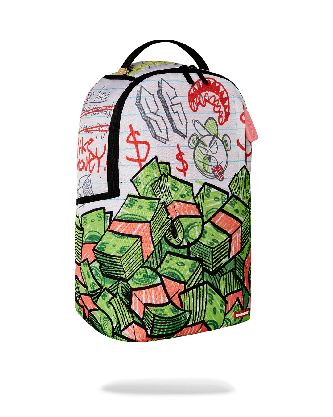 white sprayground Backpack with colorful money and cartoon character design on a white background