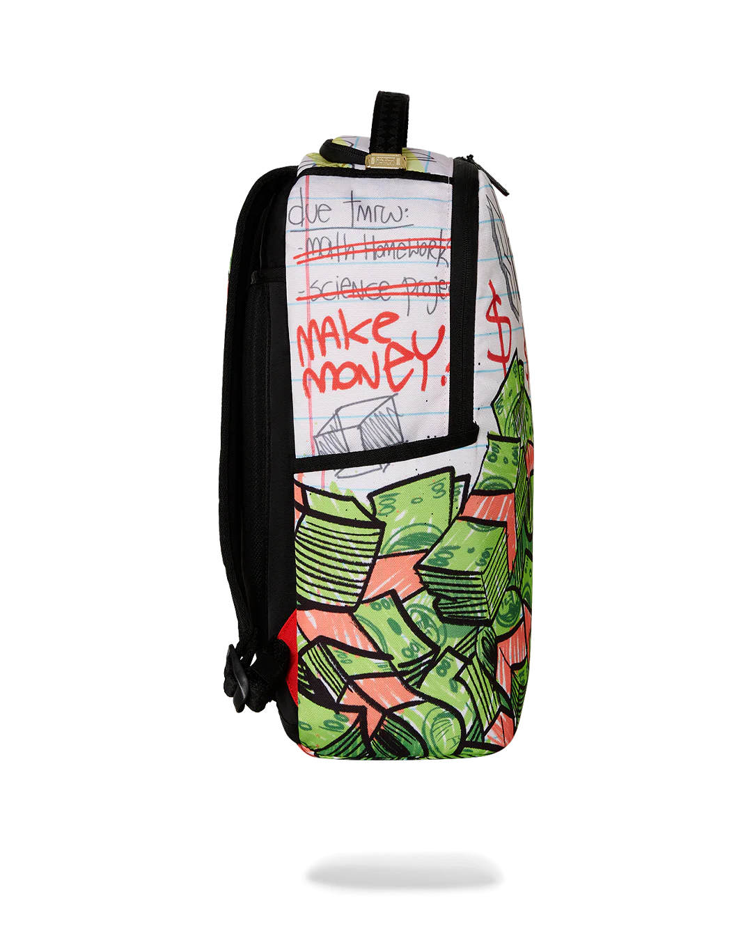 Backpack with money-themed design and text on a white background