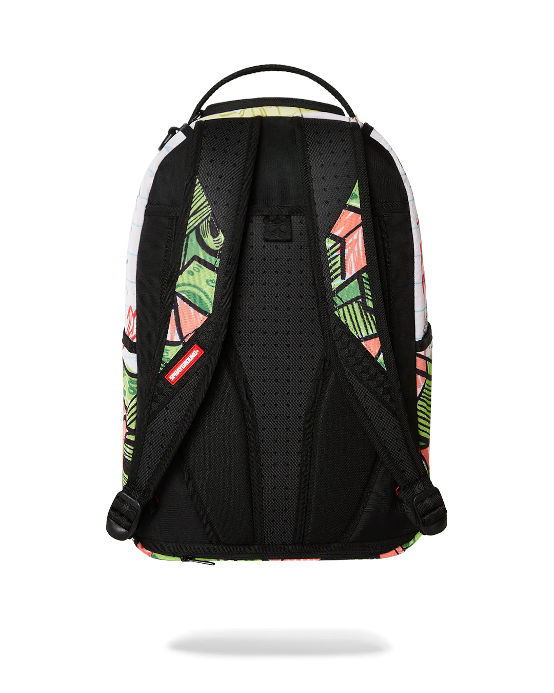 Black backpack with colorful geometric patterns on a white background