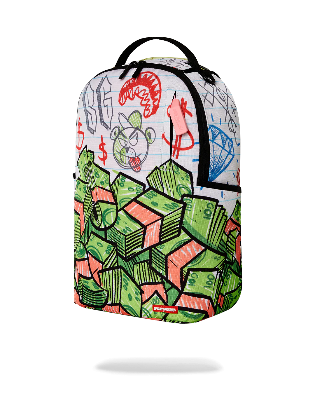 white sprayground Backpack with colorful money and cartoon character design on a white background