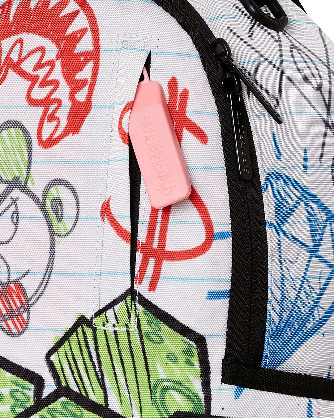 Close-up of a backpack with colorful graffiti-style drawings and a pink eraser attached to the zipper.