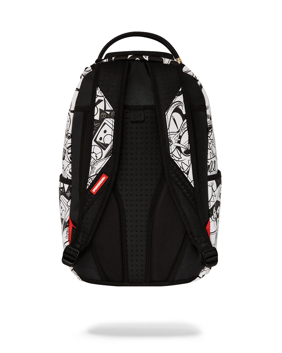 Black backpack with white and red pattern on a white background