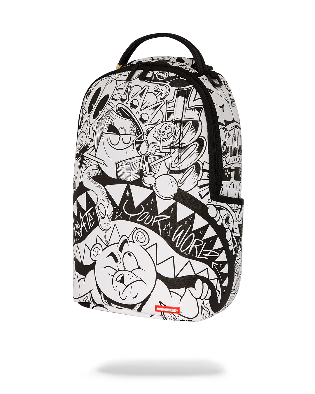 Sprayground Backpack with black and white graffiti-style design on a white background