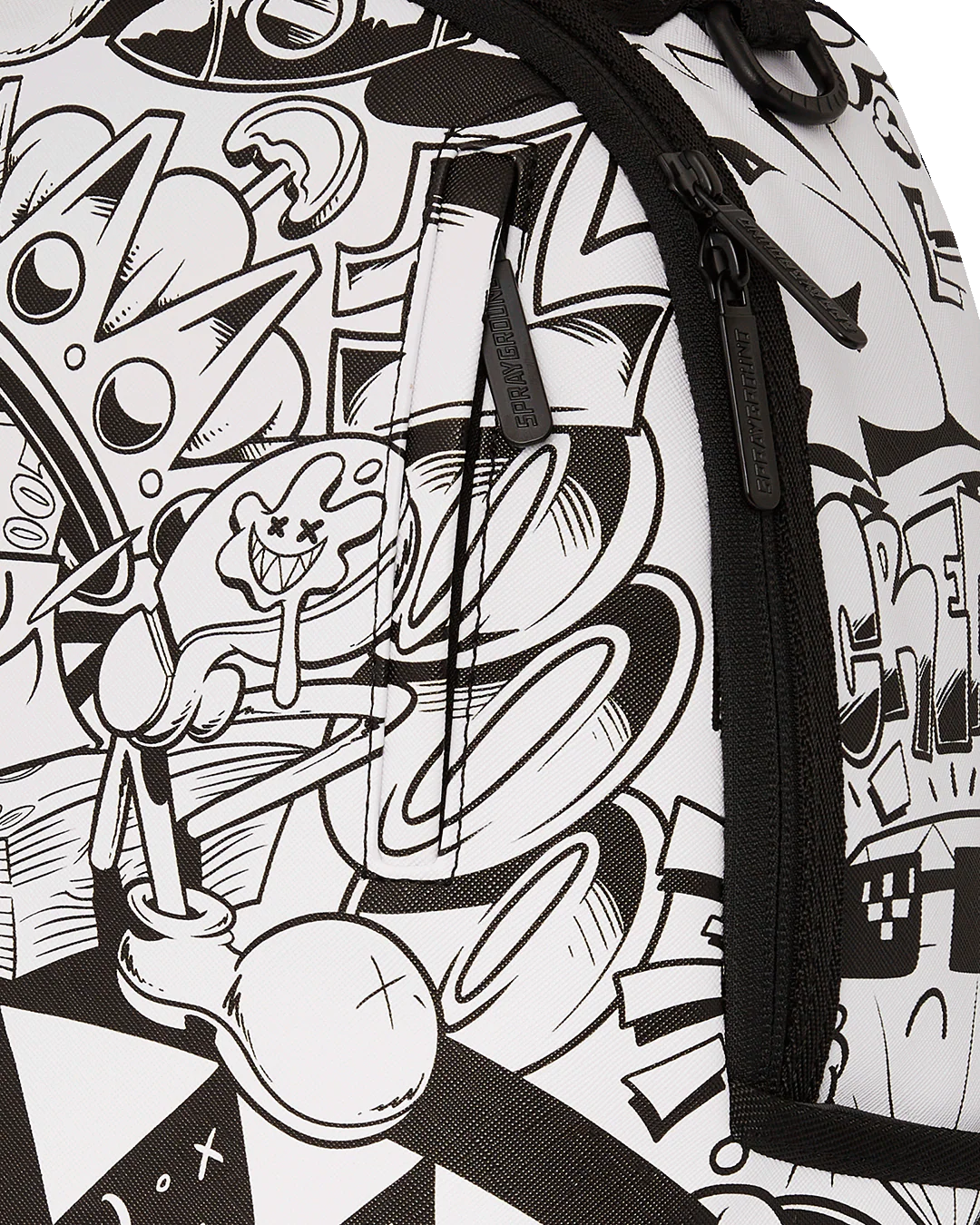 Sprayground Backpack with black and white graffiti-style design on a white background