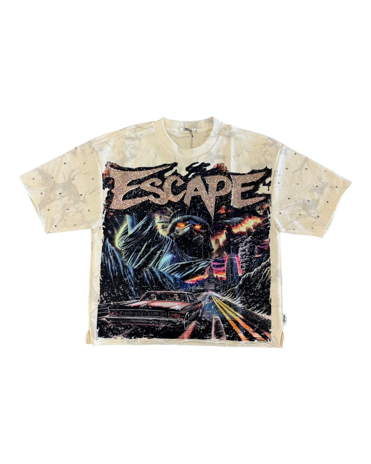 T-shirt with 'Escape' graphic design on a white background