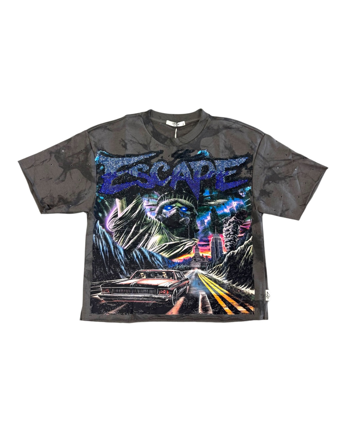 T-shirt with 'Escape' graphic design on a white background
