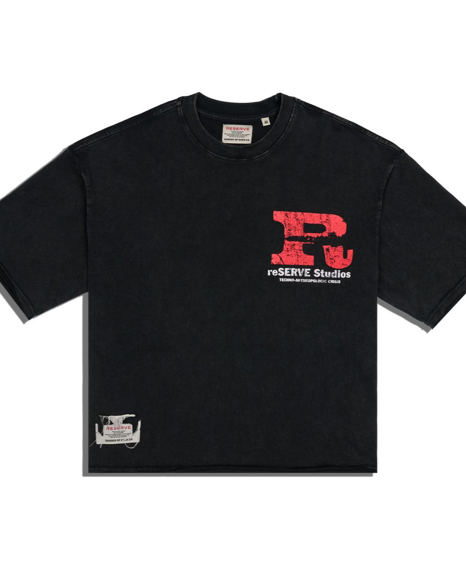 front of a Black t-shirt with red and white logo on a white background