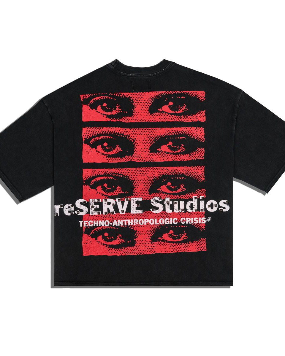 back of a Black t-shirt with red and white graphic design on a white background
