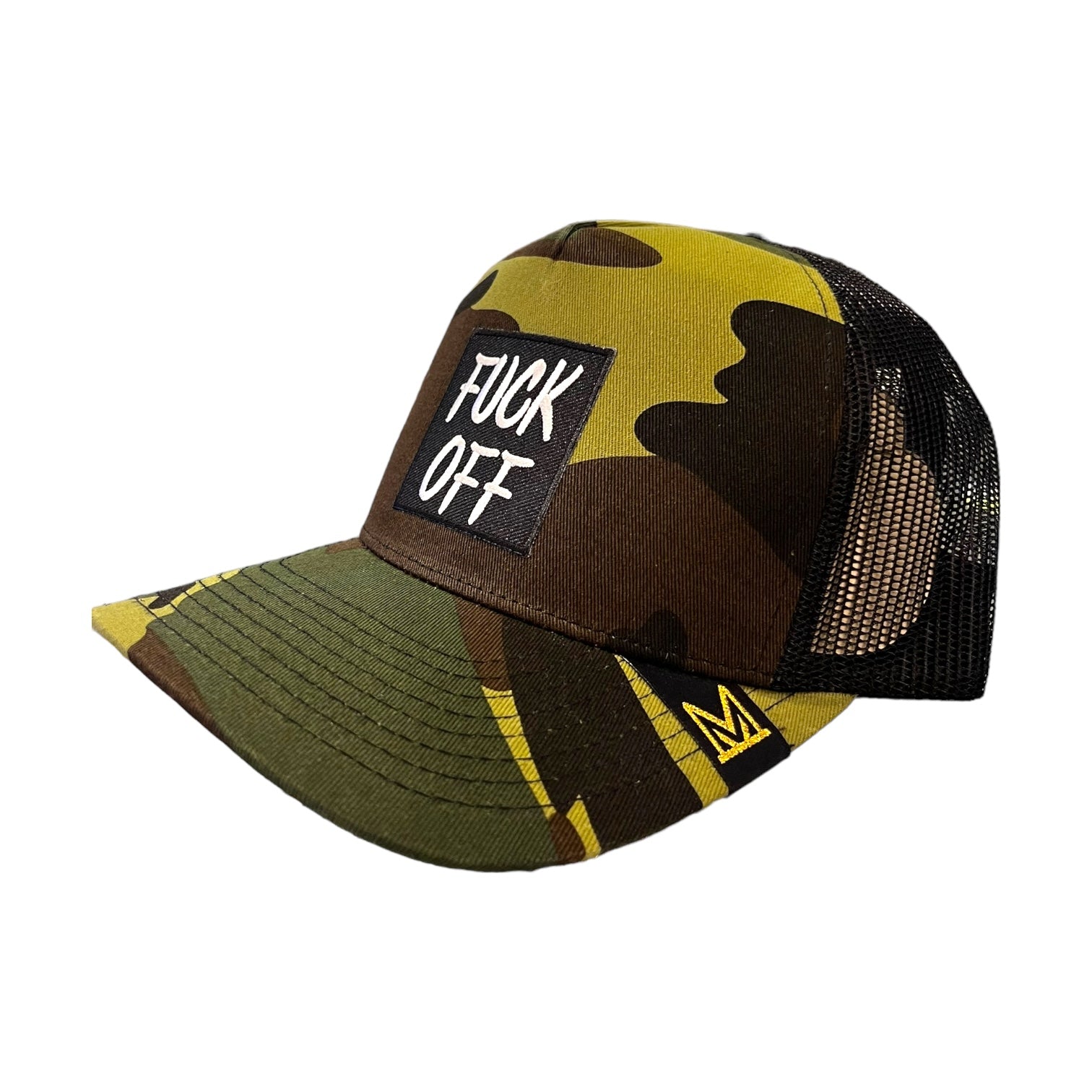 fuck off trucker hat in olive camo pattern