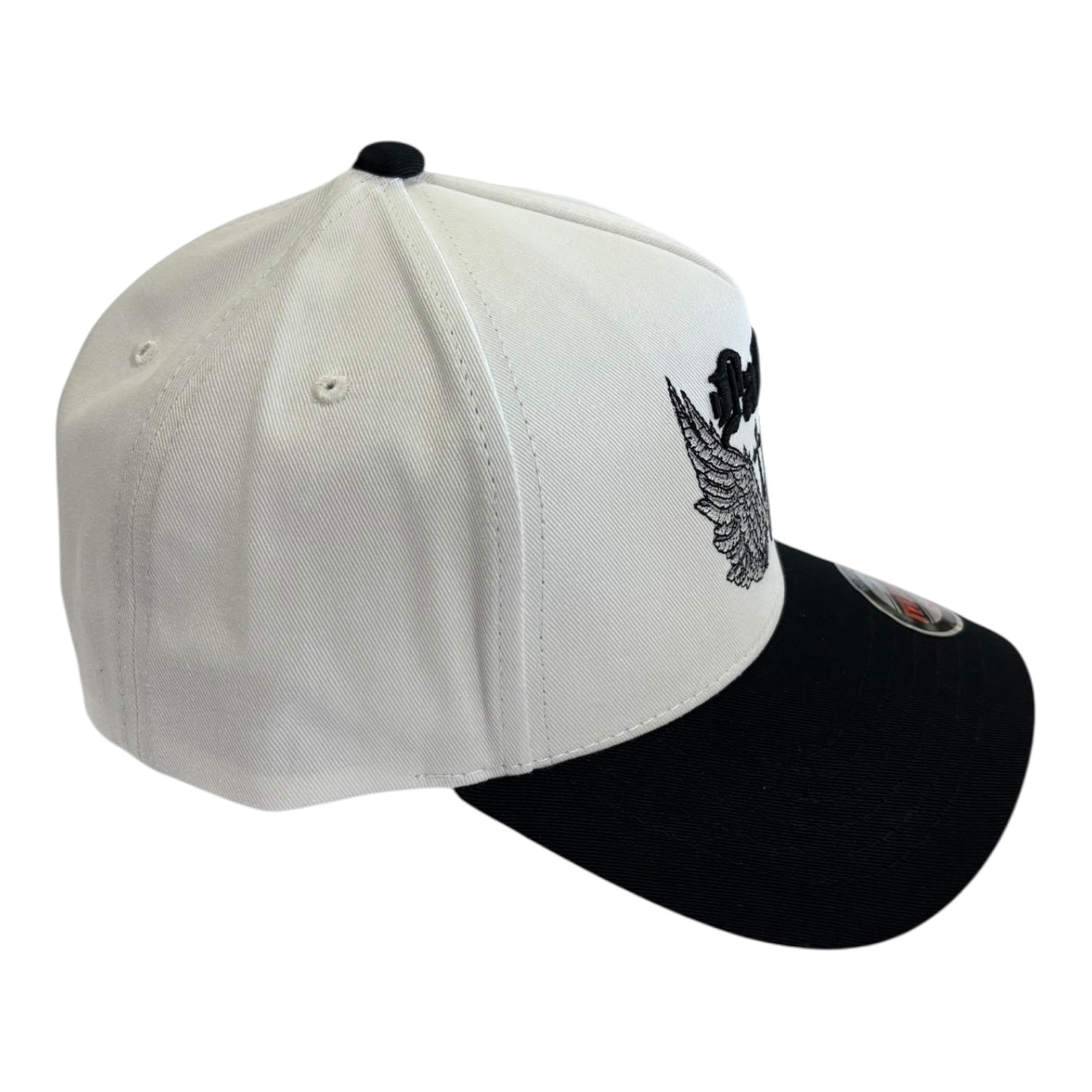 White and black cap with a logo on a white background