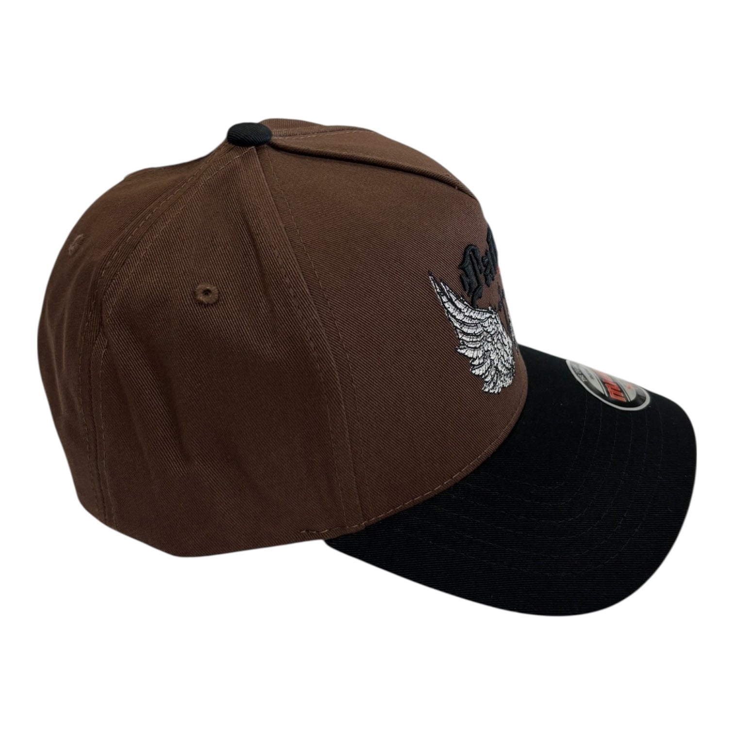 Brown and black cap with a logo on a white background