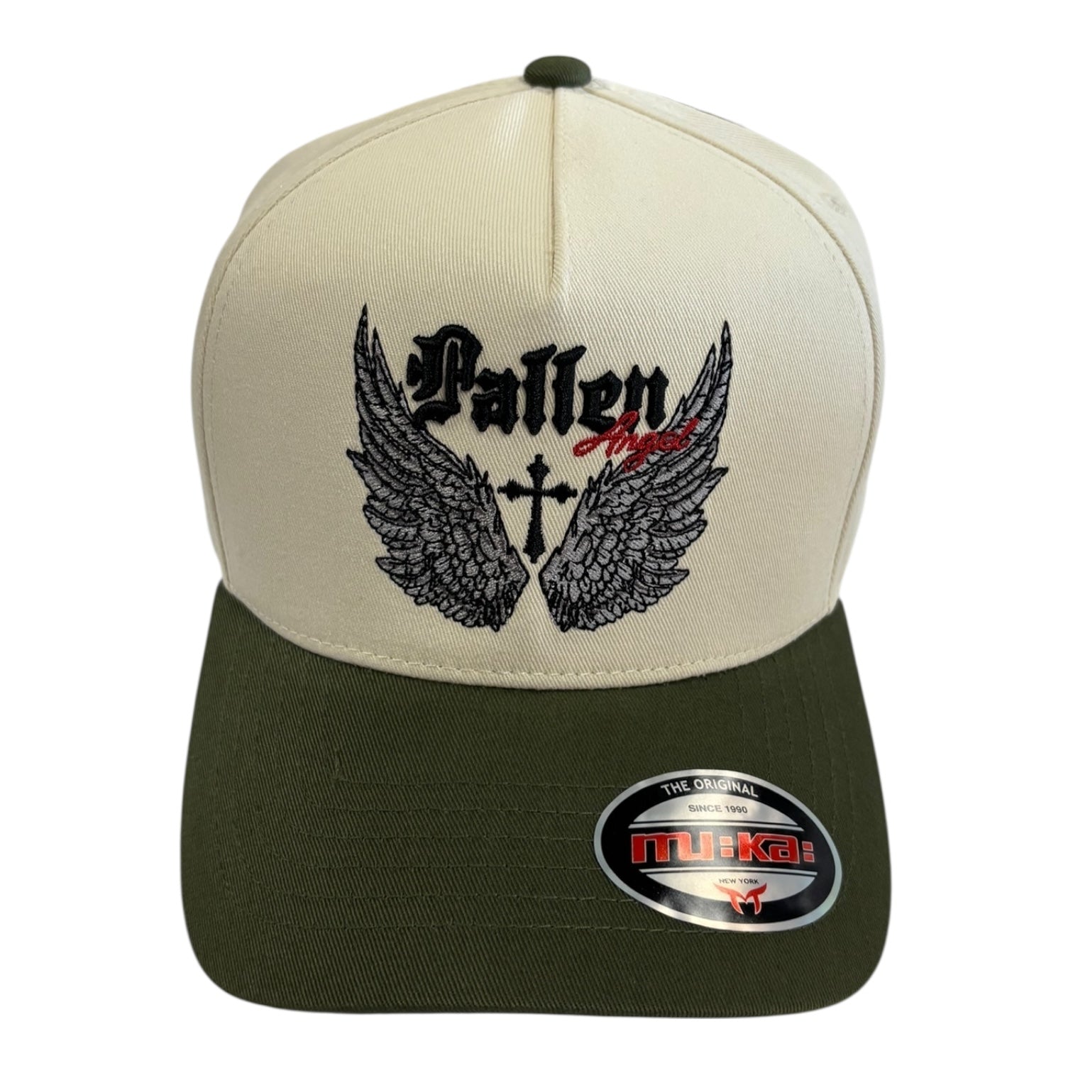 Beige and green cap with 'Fallen Angels' logo on a white background