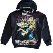 Black hoodie with graphic design on a white background