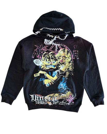 Black hoodie with graphic design on a white background