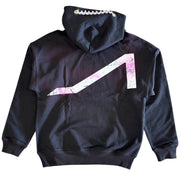 Black hoodie with a pink and white design on the back against a white background