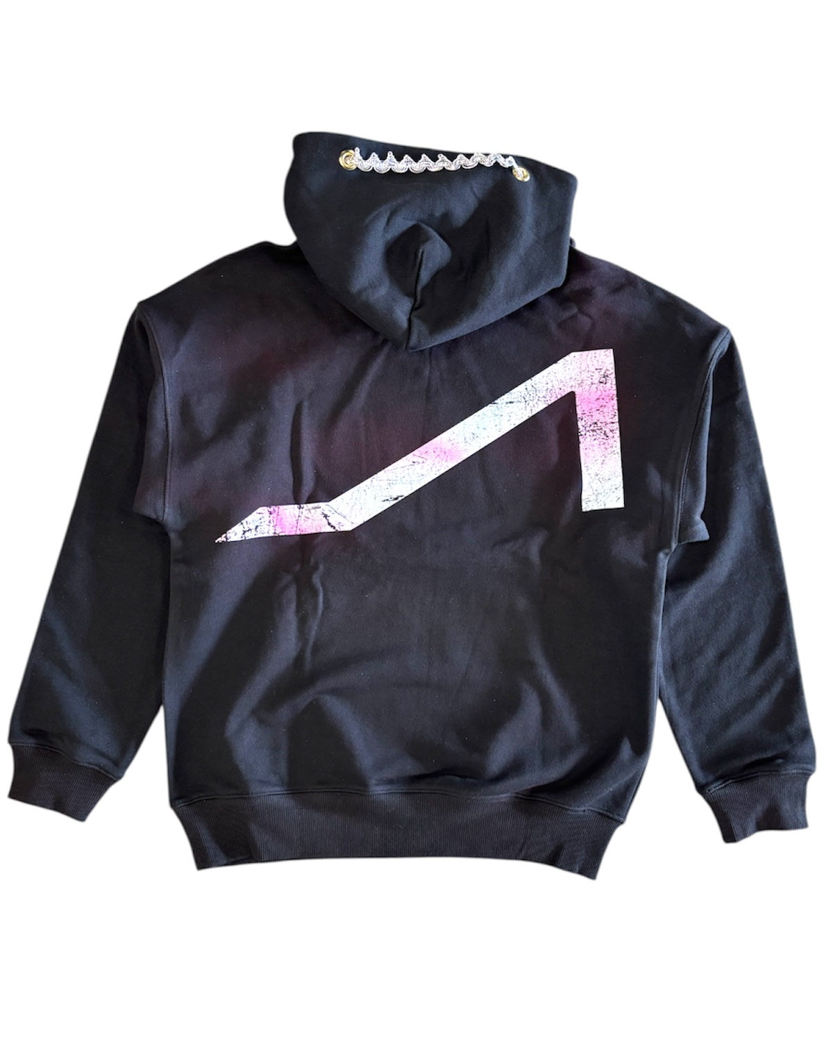 Black hoodie with a pink and white design on the back against a white background