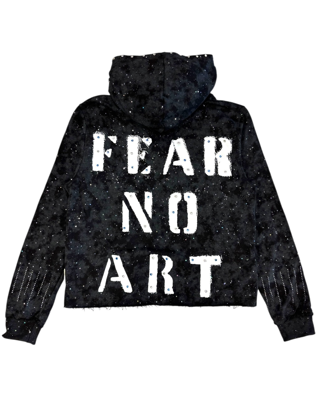 Black hoodie with 'FEAR NO ART' text on a white background
