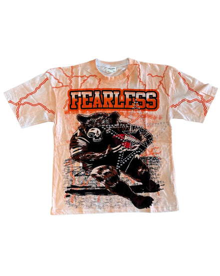 T-shirt with a panther graphic and 'FEARLESS' text on a white background