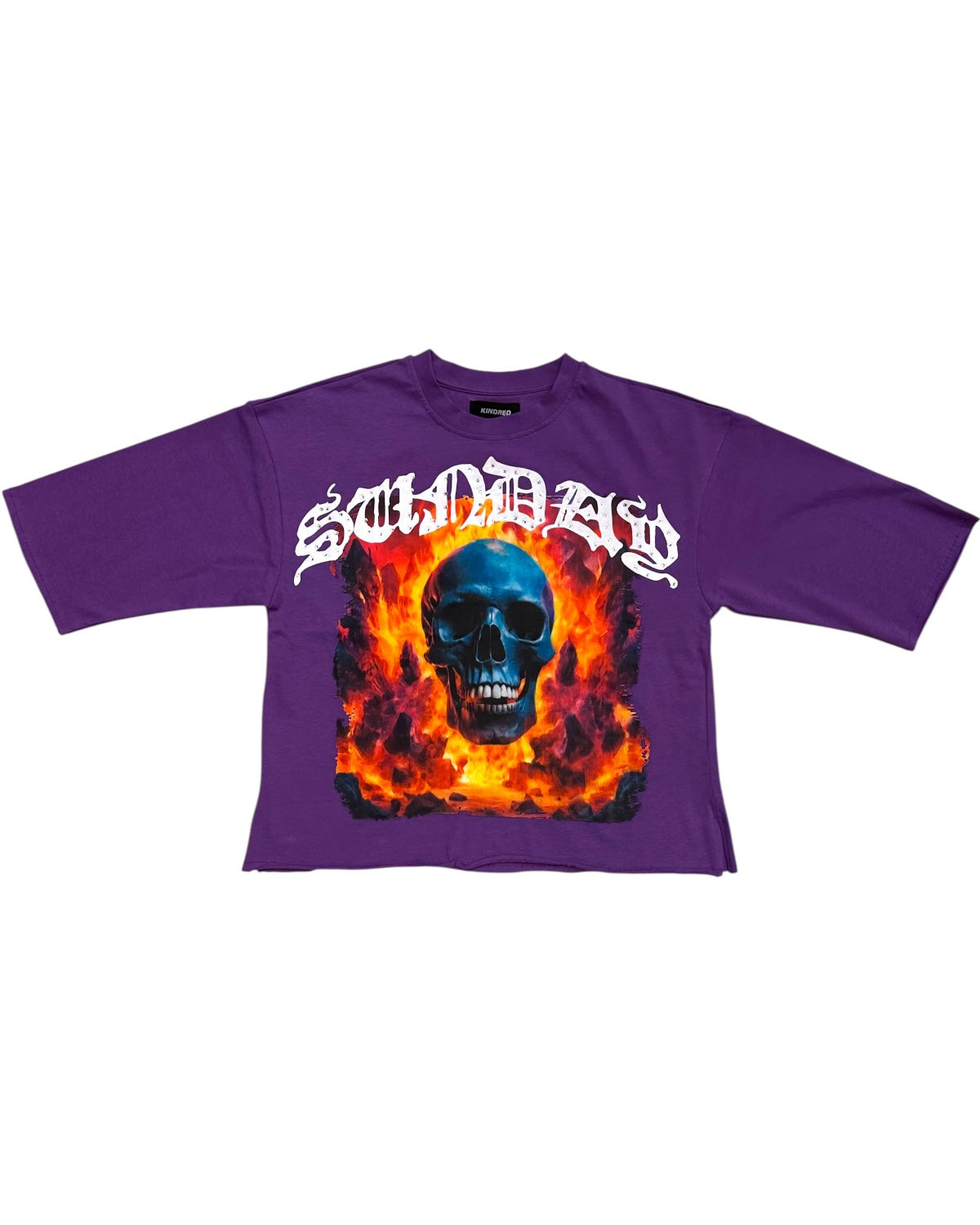 Purple t-shirt with a skull and flames graphic and 'SUNDAY' text on a white background