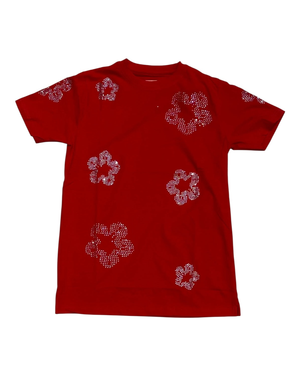 Red t-shirt with rhinestone floral patterns on a white background