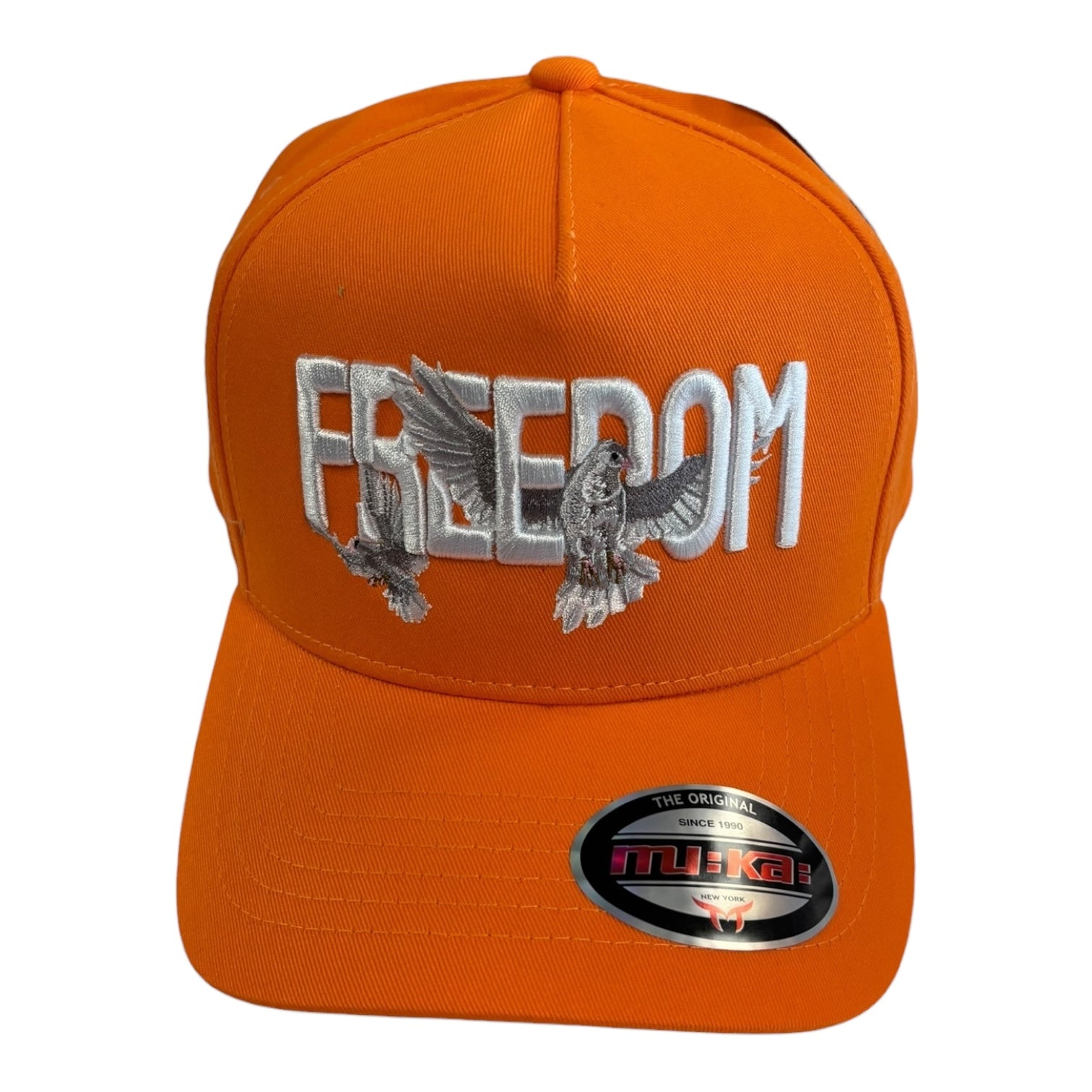 Orange cap with 'Freedom' and eagle design on a white background