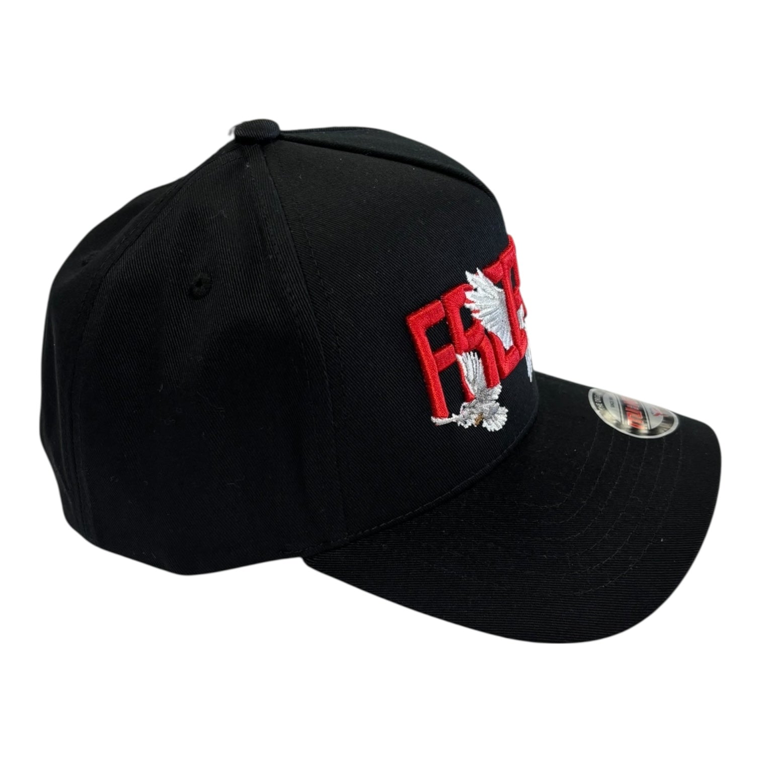 Black cap with red and white logo on a white background